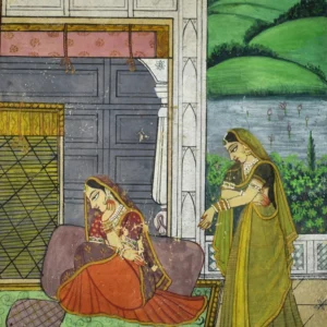 Antica miniatura indiana dipinta a mano raffigurante due dame di corte con abiti di seta e gioielli, cm 22×14,5 (cornice 27,5×20,5)