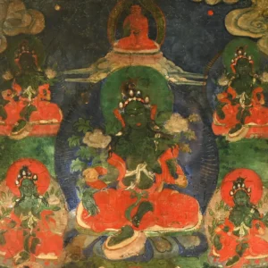 Antica Thangka mongola dipinta a mano raffigurante Tara Verde