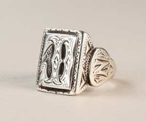 Solid European silver ring with stylized letters, 19 mm diameter, 21 mm front height, US size 9 1/4, 13.5 grams