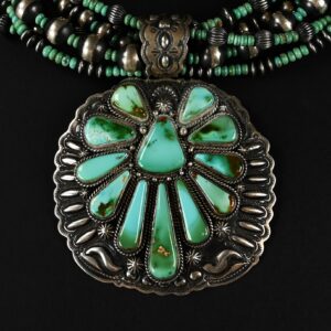 Navajo silver necklace with large pendant signed by Darryl Becenti and natural turquoise stones<br> <br> <br> <br>