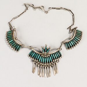 Zuni sterling silver Needle Point necklace with bezel-set turquoise stones, signed Lateyice.