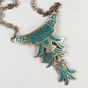 Collana messicana Taxco in argento sterling 925 con grande pendente decorato con inserti in turchese