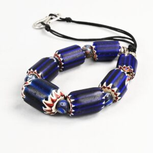 Necklace with large antique Venetian blue Chevron glass beads, original Rosetta beads and silver clasp.