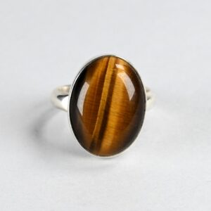 Anello in argento 925 con grande pietra cabochon in occhio di tigre, misura US 9 1/2, EU 60