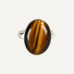 Anello in argento 925 con grande pietra cabochon in occhio di tigre, misura US 9 1/2, EU 60